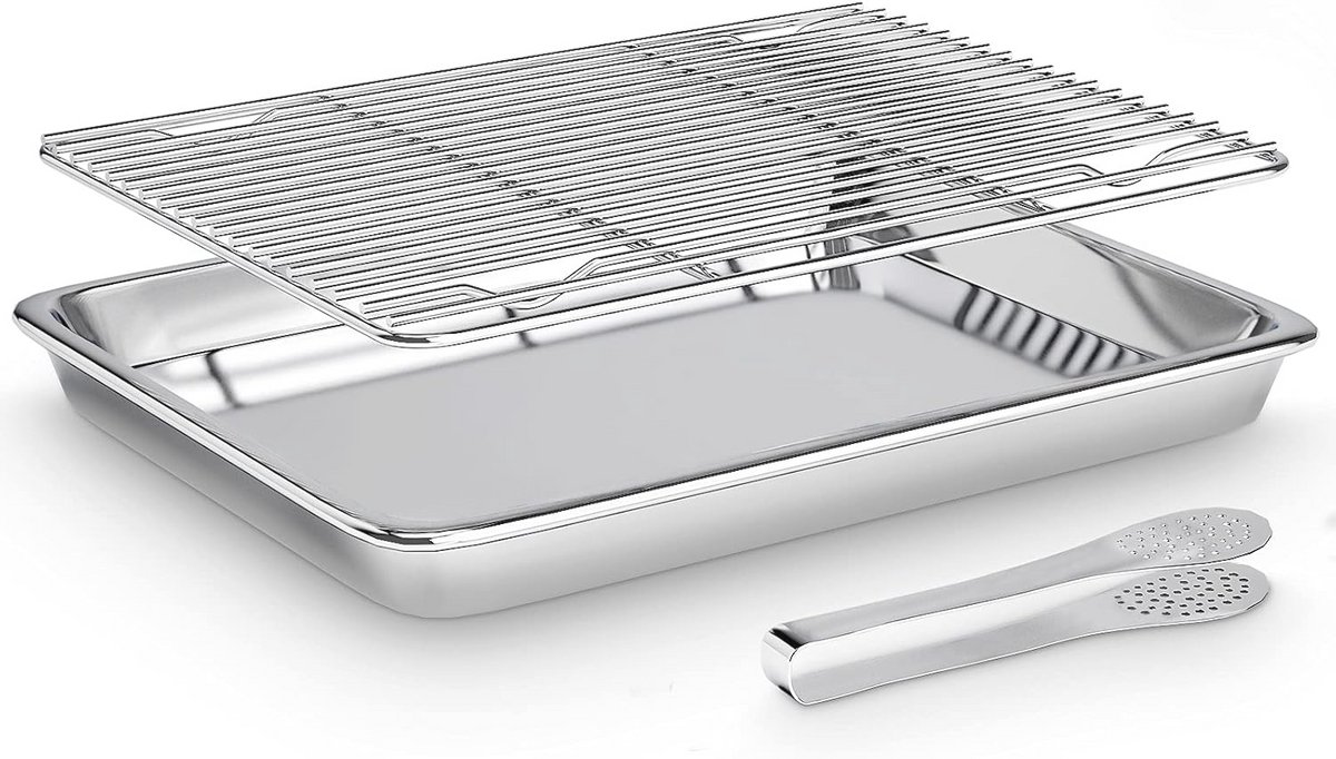 Roestvrijstalen Bakplaat met Afkoelrooster en Keukentang – Vaatwasmachinebestendig 36 x 26 x 2 5 cm