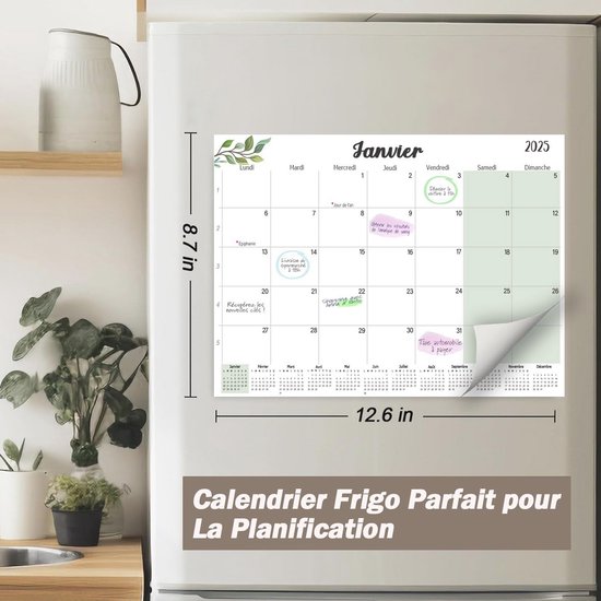 Magnetische koelkastkalender 2025 met groene bladeren en de maand "Janvier"