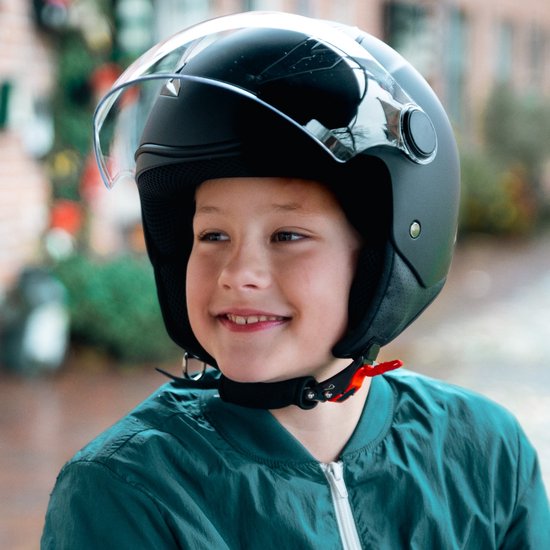 Integraal motorhelm voor kinderen, ECE goedgekeurde scooterhelm met zonneklep en afneembare sjaal, scooterhelm voor jongens en meisjes van 3 tot 12