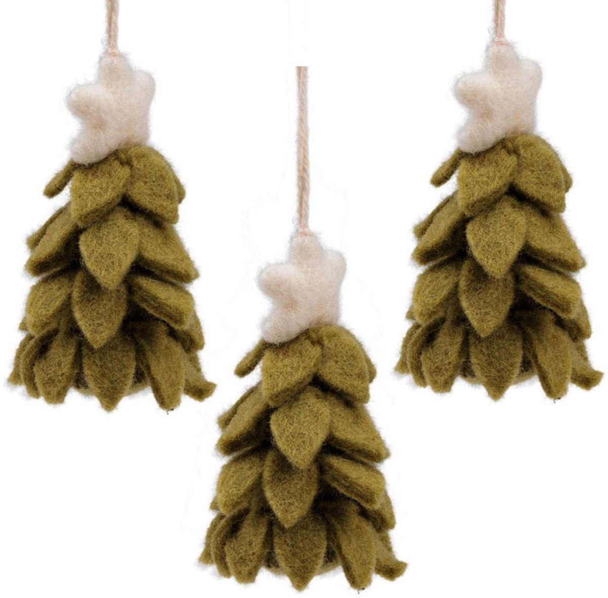 Wolvilt Hangers Kerstbomen - Lichtgroen - Set 3 stuks - Fairtrade Homedeco - 10x5cm