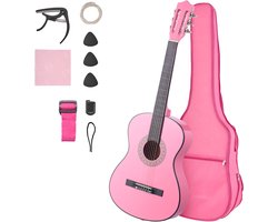 38-Inch Klassieke Gitaar Starter Set, Houten Akoustische Gitaar Kit voor Beginners, Inclusief Nylon Snaren, Draagzak, Riem, Tuner, Resterende Snaren, Picks en Capo, Ideaal voor Tieners, Volwassenen en Studenten, Roze