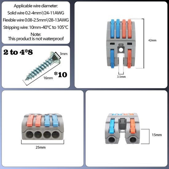 CTRICALVER Hendelklemmenblok Set – 2 In, 4 Uit, Met Schroefbevestiging – 8 Stuks, Snel Bedraden Zonder Gereedschap – Voor Droge Ruimtes