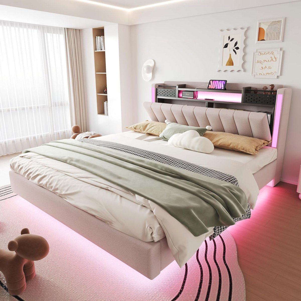 Tweepersoonsbed 160x200 met LED-verlichting en USB-oplaadpoort, gestoffeerd opbergbed met hoofdeinde en praktische opbergoplossingen
