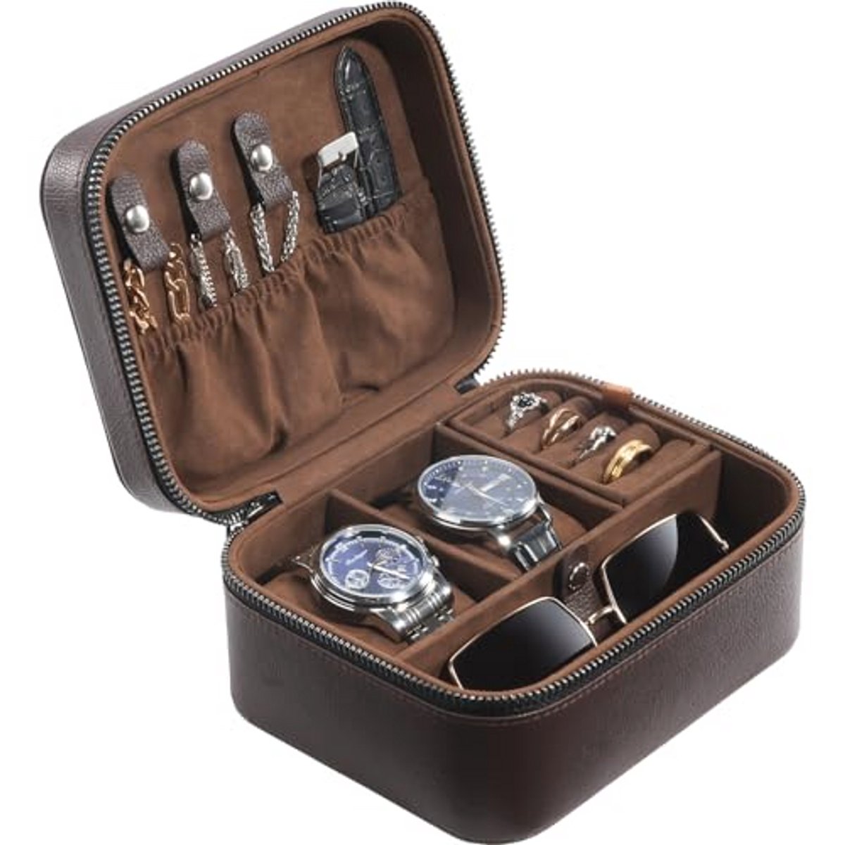Reis Horloge Case met 2 Slots voor Horloge Accessoires - PU Leer Organizer met Rits voor Mannen - Bruin