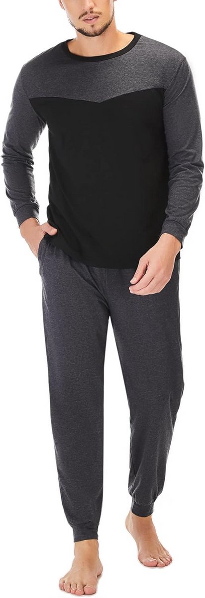 Lange Herenpyjama van Katoen - Tweedelig, Warme Pyjama voor Mannen - Herfst en Winter - Zwart - M