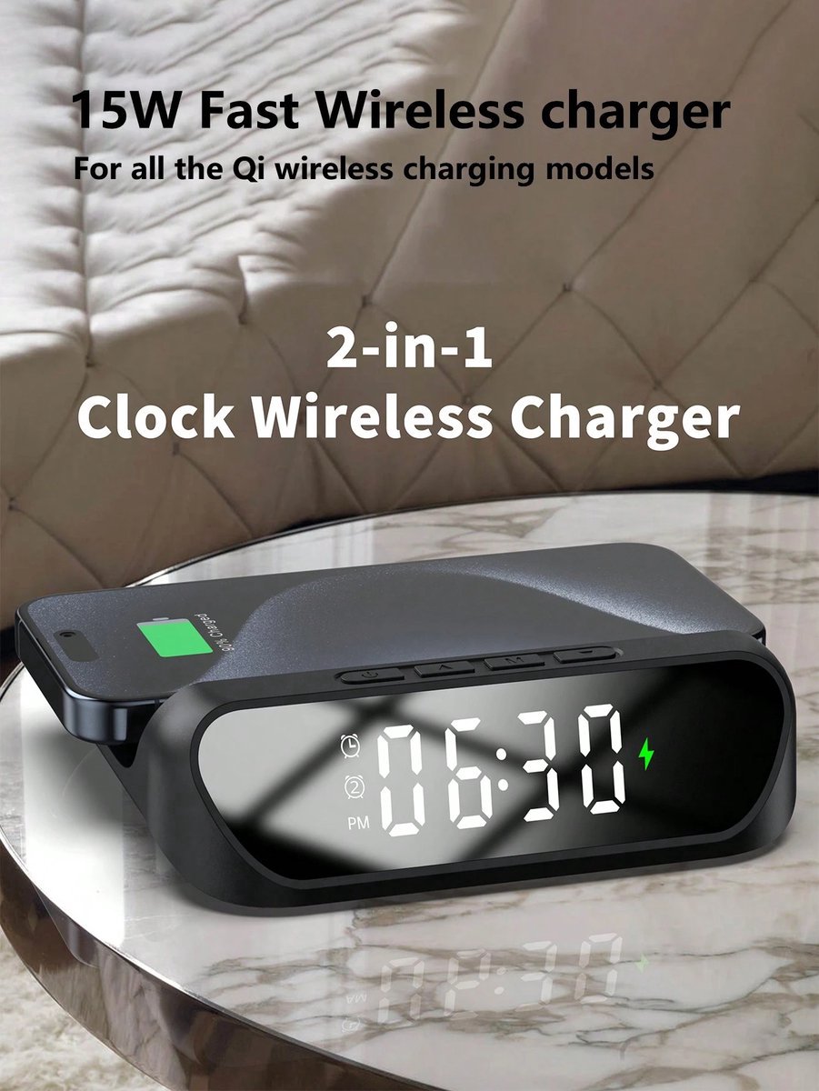 4-in-1 Digitale Wekker, Draadloze Oplader, Slimme Wekker met licht- en temperatuurweergave, instelbare helderheid 4-in-1 Digitale Wekker, Draadloze Oplader, Slimme Wekker met licht- en temperatuurweergave, instelbare helderheid