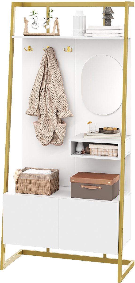 Clruro Kledingkast - 105x35x175 cm - Minimalistische Garderobe Met Spiegel, Metaal Haken & Schoenbank - Open Opbergruimte Voor Hal - Spanplaat/Metaal - Zwart Wit