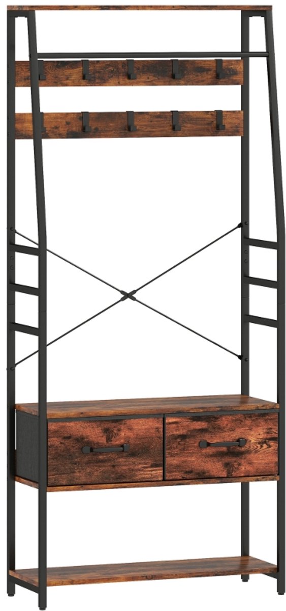 Clruro Kledingkast - 120x40x50 cm - Garderobe Met Schoenrek, Zitbank, 10 Haken & 2 Stoffen Laden - Kledingstang - Spanplaat/Metaal - Bruin Rustiek bruin