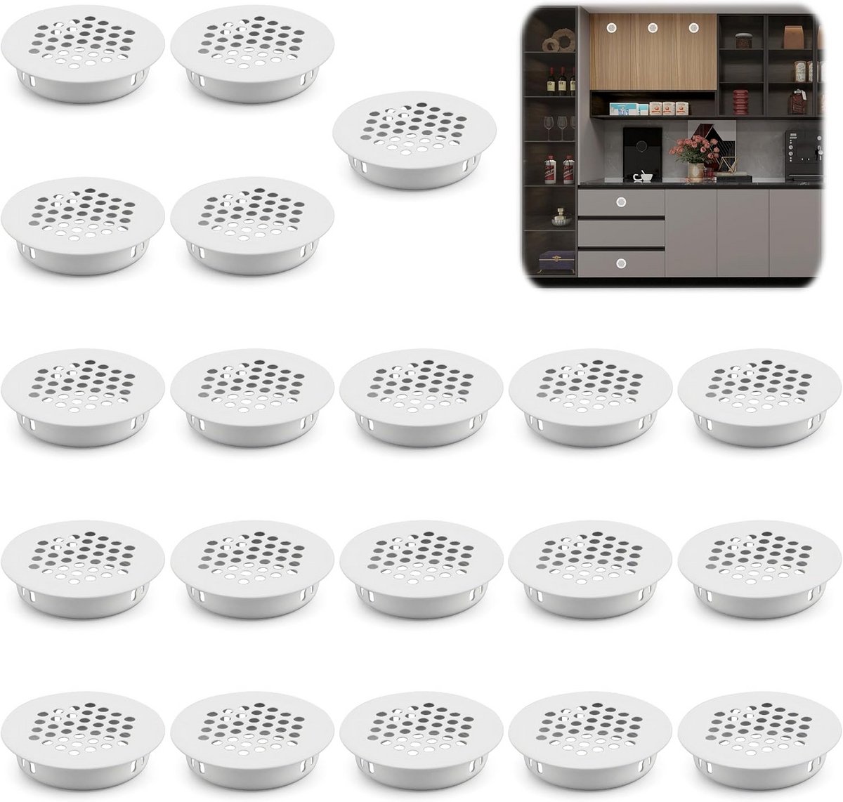 20x Ronde Roestvrijstalen Ventilatieopeningen Wit - 35mm Diameter - Voor Kasten en Meubels