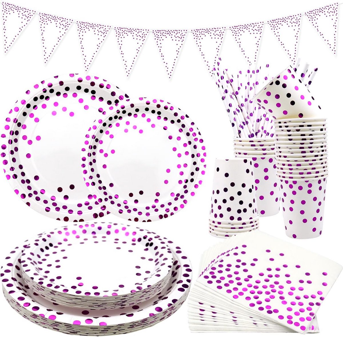 Paars Stippen Feestservies Set voor 25 Personen - Bordjes, Banners en Decoraties