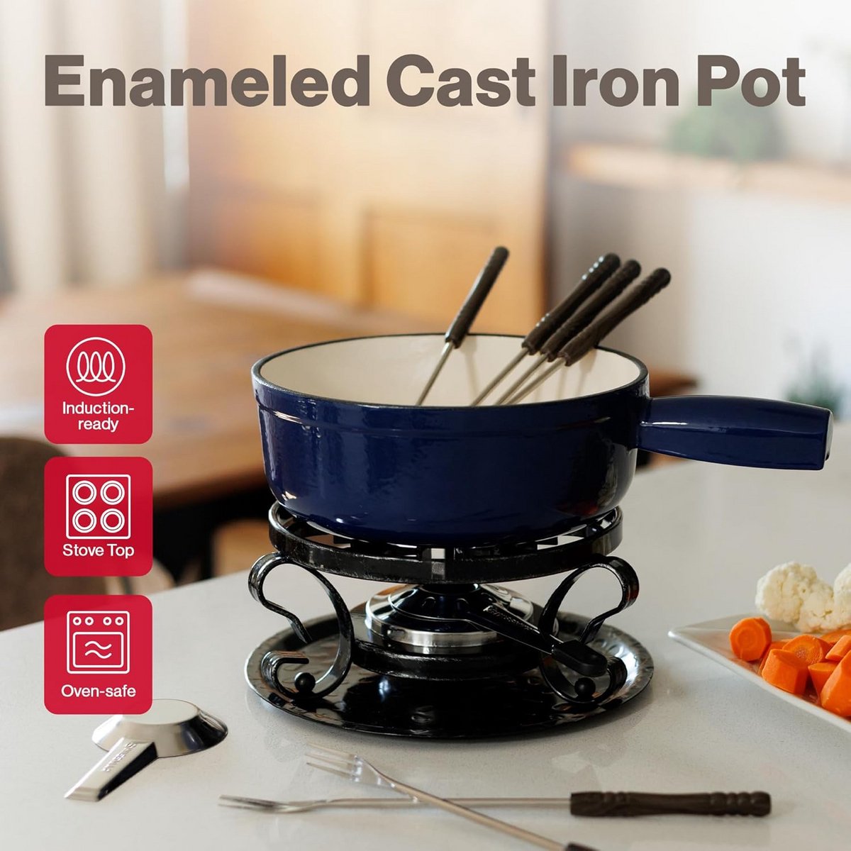 Luxe Gietijzeren Kaasfondue Set 9-Delig voor Alle Warmtebronnen – foto 4