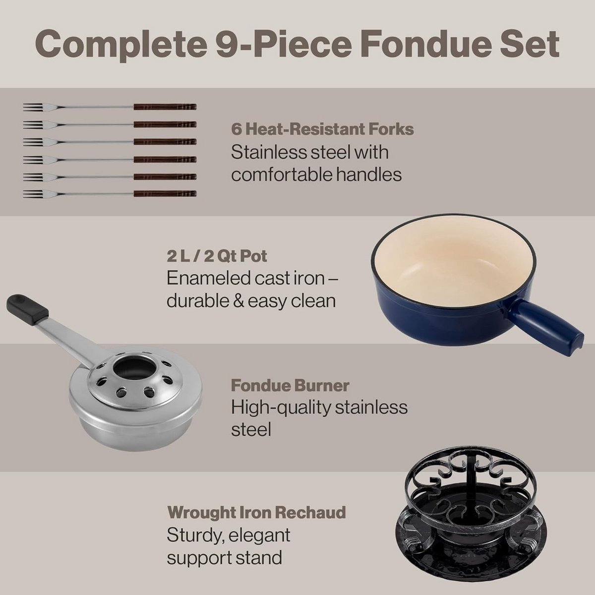 Luxe Gietijzeren Kaasfondue Set 9-Delig voor Alle Warmtebronnen – foto 7