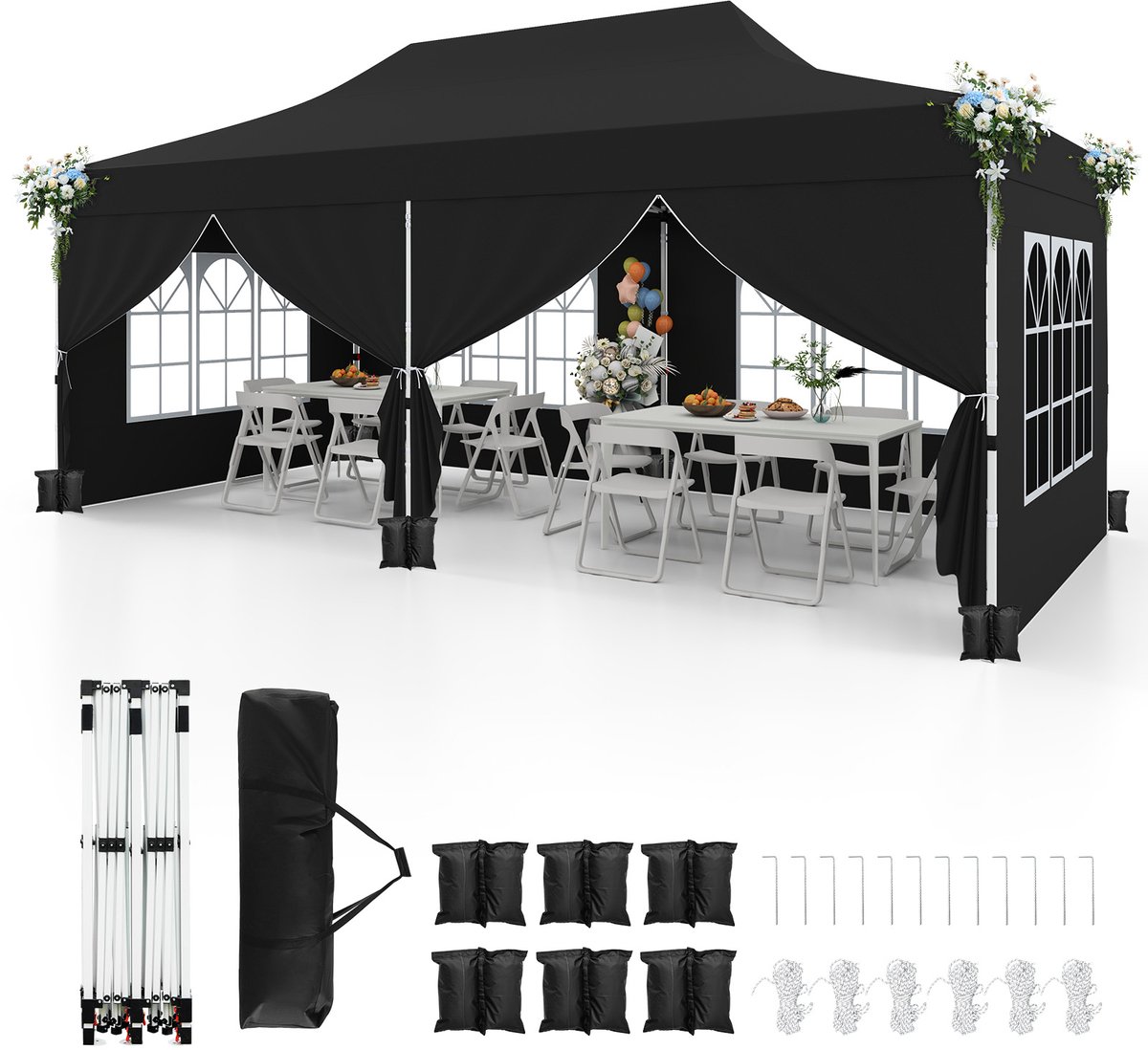 COSTWAY 3 x 6 m paviljoen, vouwpaviljoen met 6 afneembare zijwanden en zandzakken, waterafstotend, stabiel, winterbestendig, uv-bescherming 50+, partytent, tuinpaviljoen met draagtas (zwart)