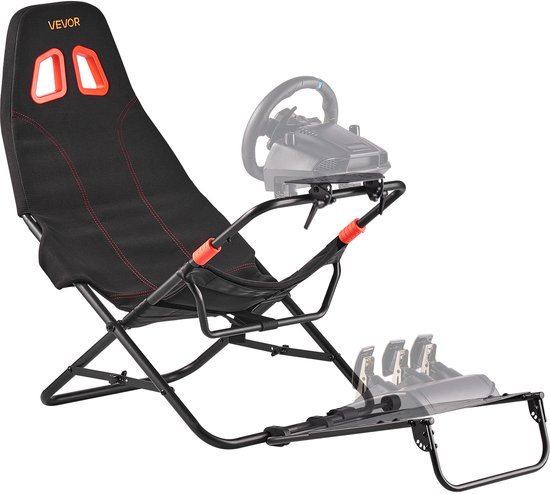 Zwarte, opvouwbare racestoel met oranje accenten en rode stiksels, met transparante weergave van een stuurtje en pedalen.