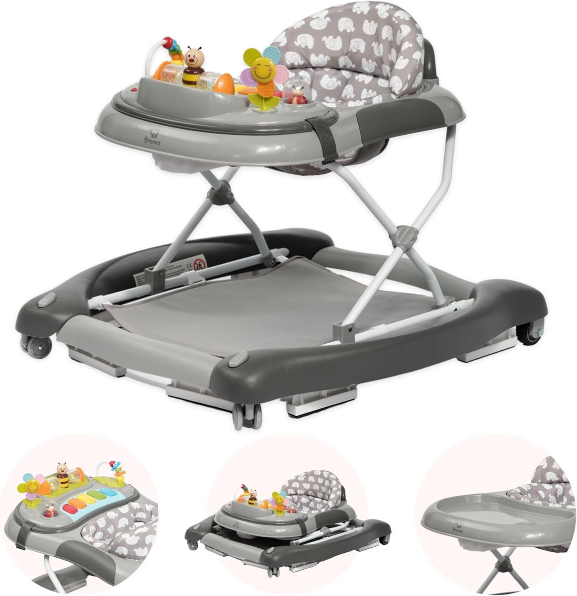 4-in-1 Loopwagen Baby met Schommel, Speelpaneel en Inklapbaar - In Hoogte Verstelbare Loophulp