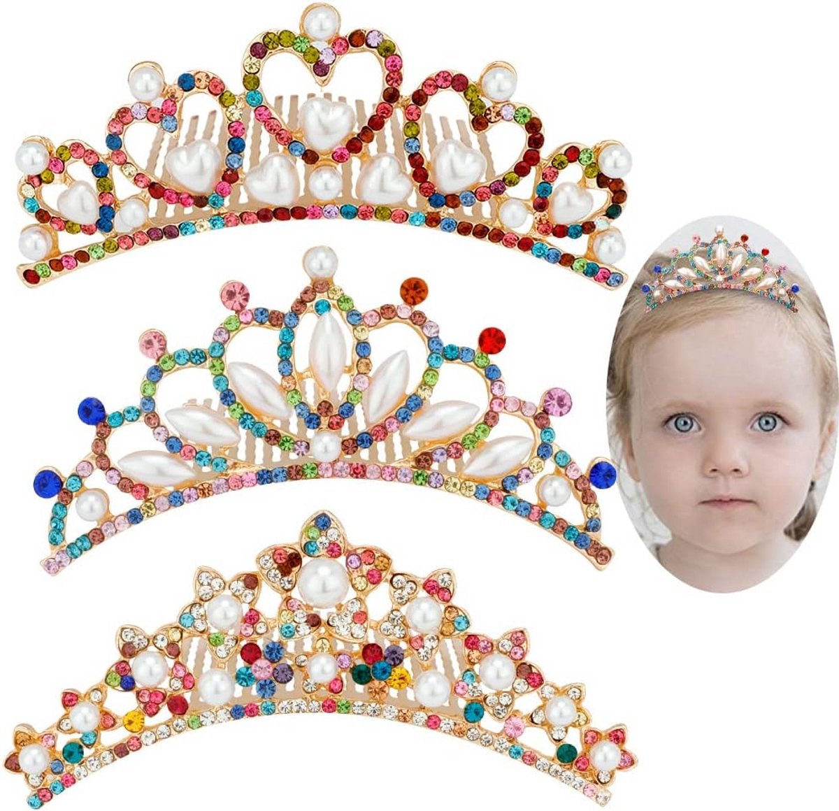 Set van 3 Mini Tiara's met Kam - Kristallen Prinsessen Haaraccessoires voor Meisjes