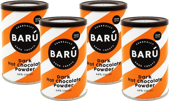 Vier oranje en witte gestreepte blikken "Barú Dark Hot Chocolate Powder" met het opschrift "Vegan Recipe" en "64% cacao".
