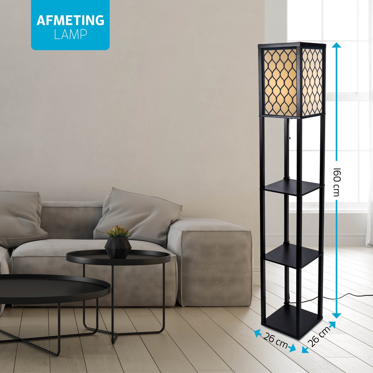 Varin® Vloerlamp met vakken - Zwart/gaas - Met E27 Led lamp - Dimbaar - Witlicht RGB - Smart Lamp Tuya wifi - Slimme staande lampen - Sfeerlamp - Vakkenkast - Lamp industrieel - Daglichtlamp - Vloerlampen - Verlichting woonkamer, keuken en slaapkamer thumbnail 2