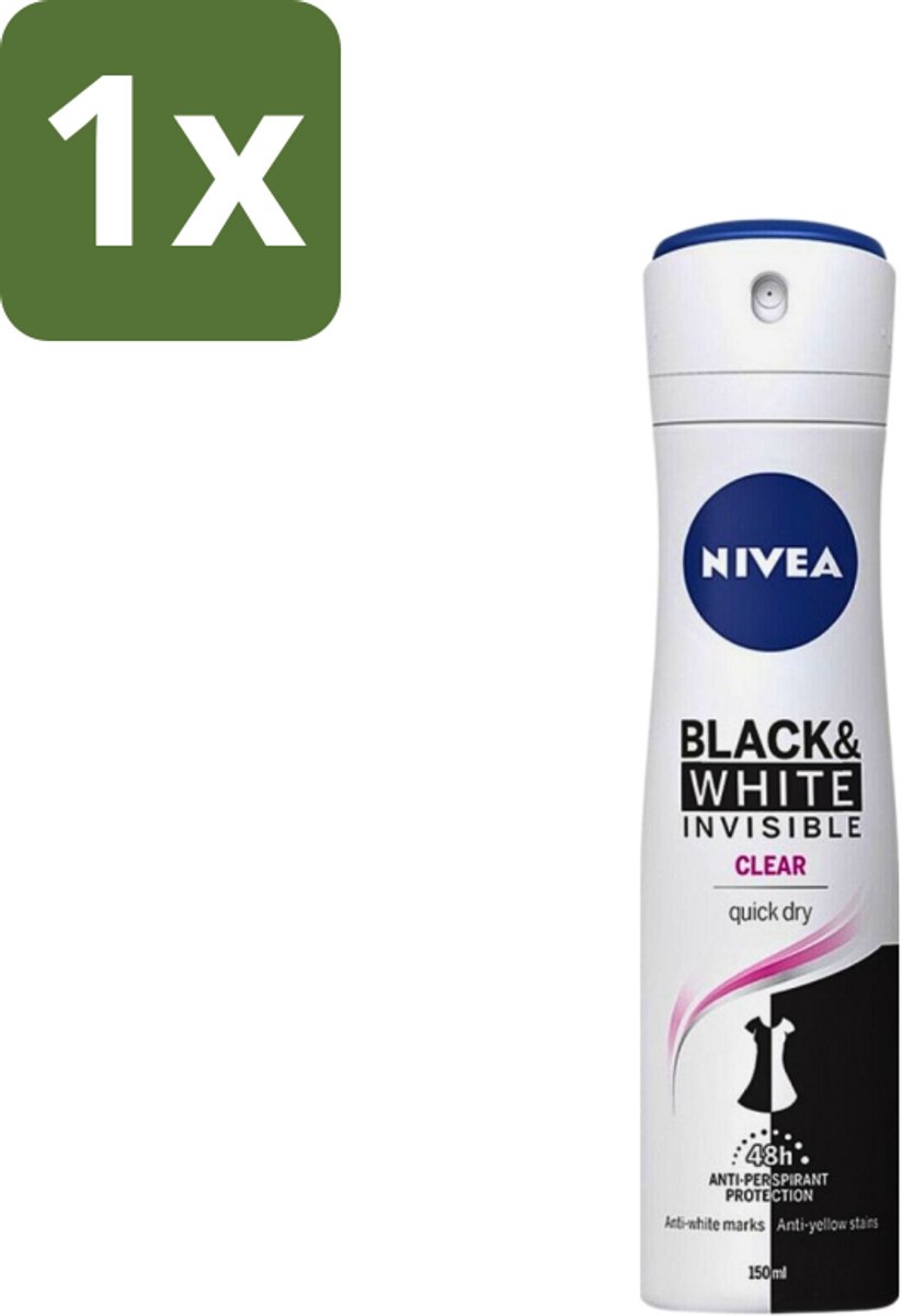 1 x Nivea - Deospray - Invisible Black & White - 48 Uur Lange Bescherming - 150 ml - Deospray - Anti-transpirant - Bescherming Kleding - Witte Strepen - Gele Vlekken