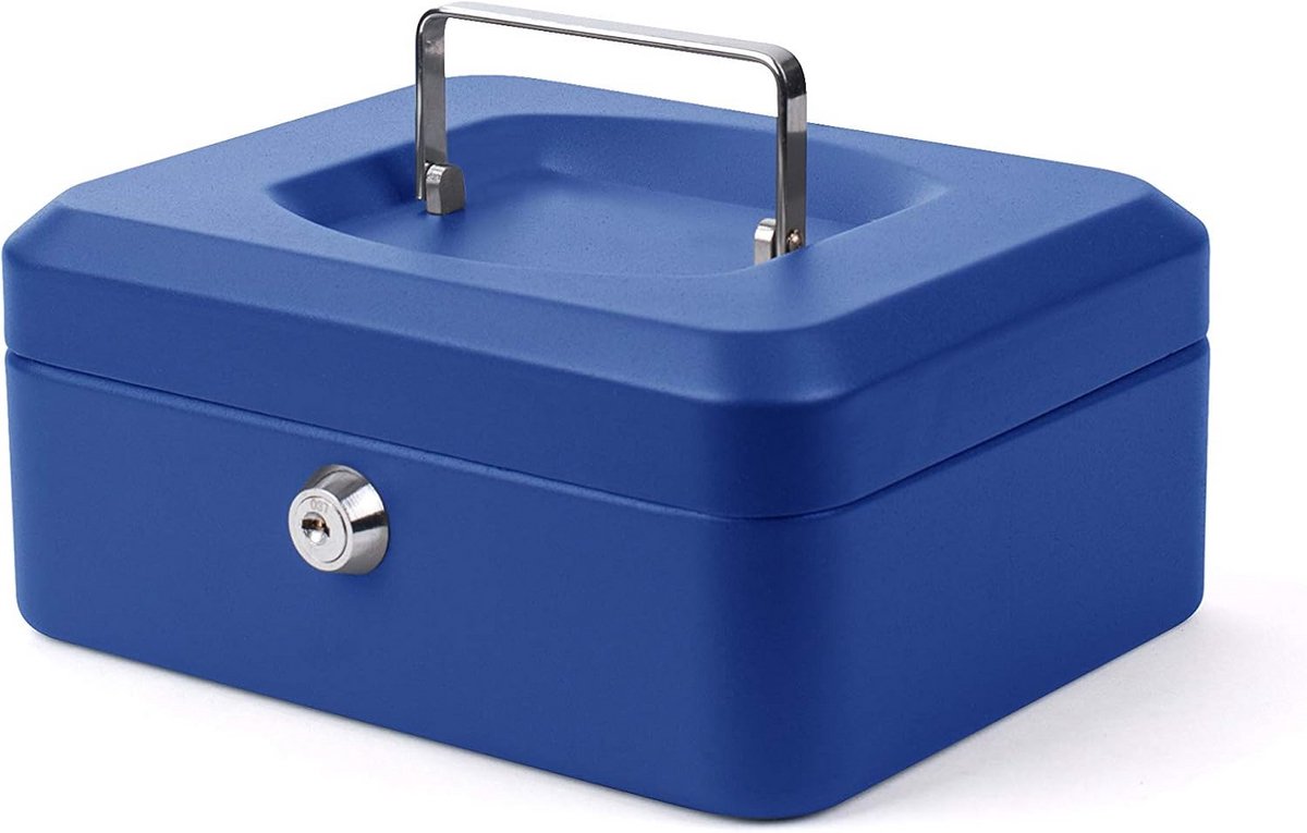 Metalen geldcassette met cilinderslot en 2 sleutels 20x16x9 cm blauw