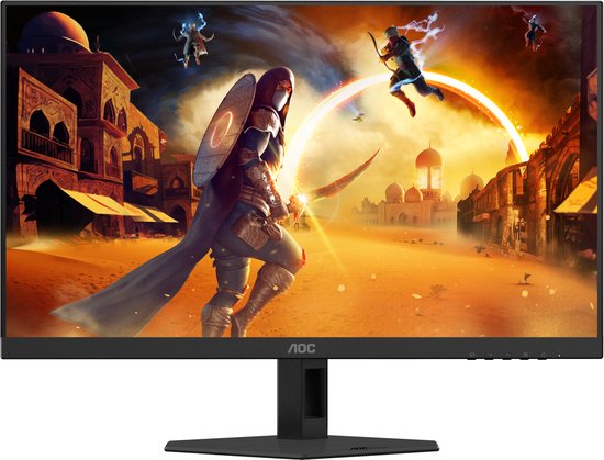 Monitor met een spelafbeelding: krijger met schild en zwaard, steden op de achtergrond.