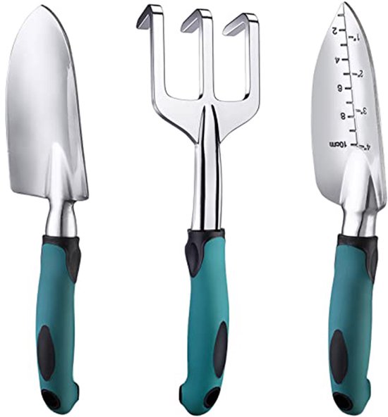 3-delige tuingereedschapset - Tuingereedschap - Tuinschep - Antislip handvat - Gemakkelijk vast te houden - Inclusief schep, maatschep en drietandige hark - Geschikt voor graven, wieden, grond losmaken, beluchten en verplanten - Groen