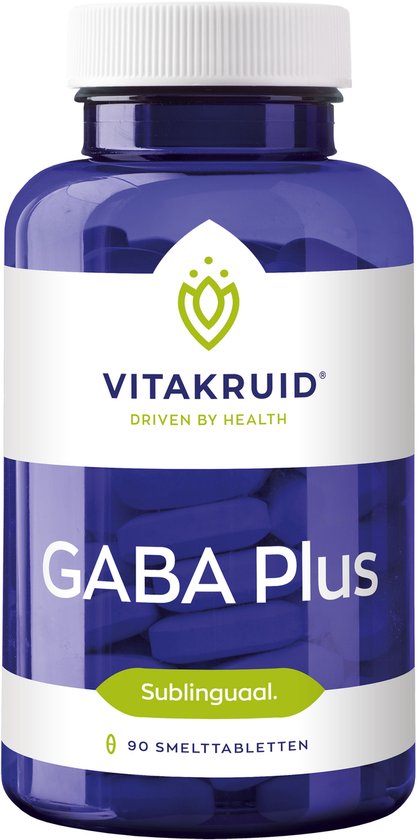 Vitakruid GABA Plus, 90 smelttabletten in een blauwe pot met wit deksel. Vermelding 'Sublinguaal'.