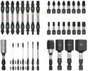 Un jeu d'embouts de tournevis Bosch PRO IMPACT de 36 pièces, avec différentes tailles PH, PZ, T et une douille. Les embouts ont des bandes colorées.