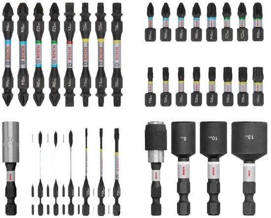 Un jeu d'embouts de tournevis Bosch PRO IMPACT de 36 pièces, avec différentes tailles PH, PZ, T et une douille. Les embouts ont des bandes colorées.