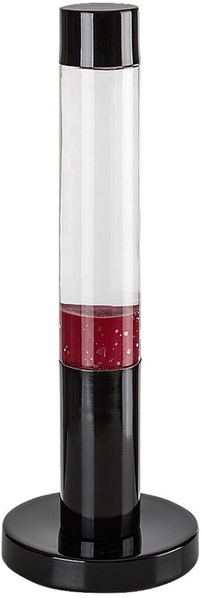 Cilindrische lavalamp met een zwarte voet en dop. De lamp bevat heldere vloeistof met rode bellen en een rode substantie.