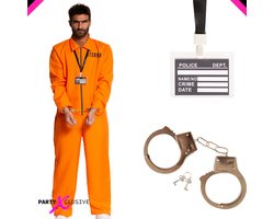 Partyxclusive 3- Delig Oranje Gevangenis Kostuum Heren Jumpsuit/Handboeien/Keycord met Badge Boevenpak Carnaval Themafeest Verkleedkleding Volwassenen - oranje - Polyester - Jumpsuit -L