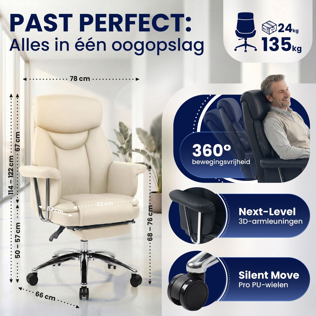 CLP Dahra Bureaustoel Ergonomisch met Voetensteun Creme - afbeelding 2