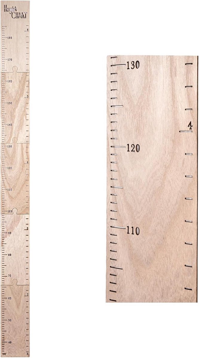 Houten hoogtegrafiek 52 inch - 5 stuks hoogtemeetlinialen 13,5x32,5 cm - natuurlijke wanddecoratie voor kinderkamer