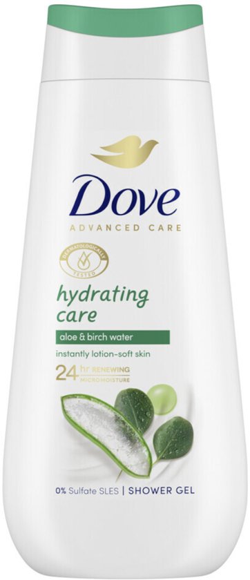 Bovenkant van een witte Dove Hydrating Care douchecrèmefles met groene dop en aloë vera illustratie.