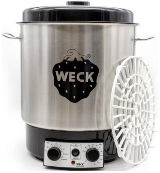 Zilverkleurige Weck inmaakketel met zwart deksel, rooster en bedieningspaneel.