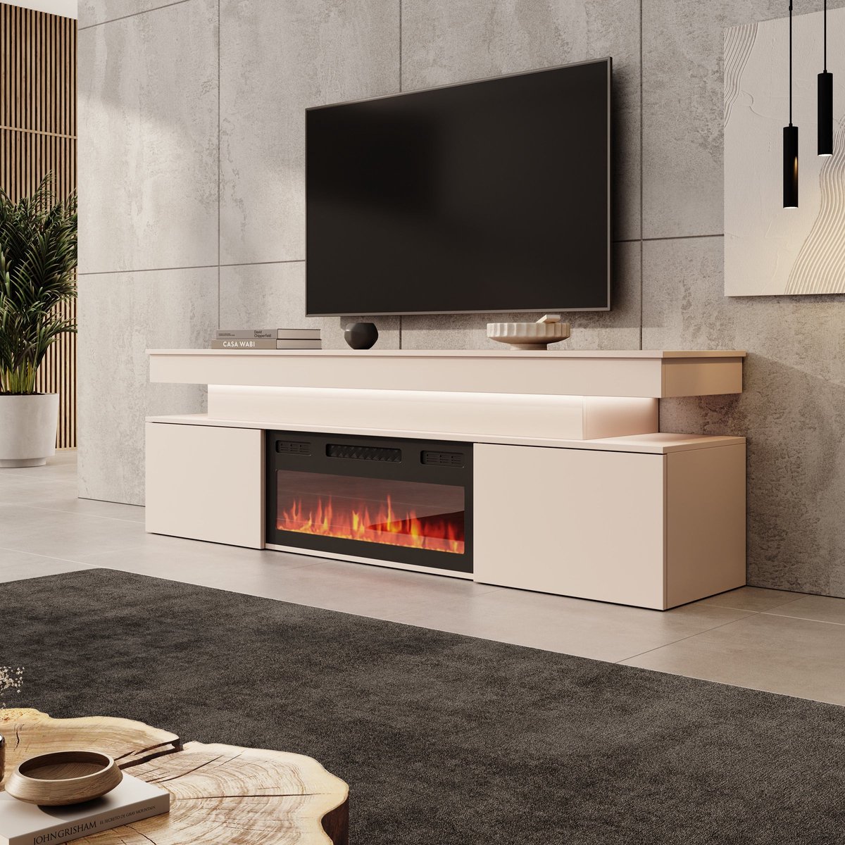 Meubella - Galan - TV-Meubel met sfeerhaard - Beige - 190x39x54 cm