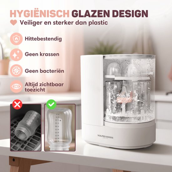 Vulpes Goods® Babycare - Baby Bottle Washer Pro - Automatische Baby Flessenwasser, Sterilisator & Droger - Elektrische Babyfles Reiniger - 360° Turbo‑jets, Glazen Design, BPA‑vrij - Ook voor borstkolfonderdelen - Incl 60 Reinigingstabletten van Vulpes Goods® — afbeelding 2