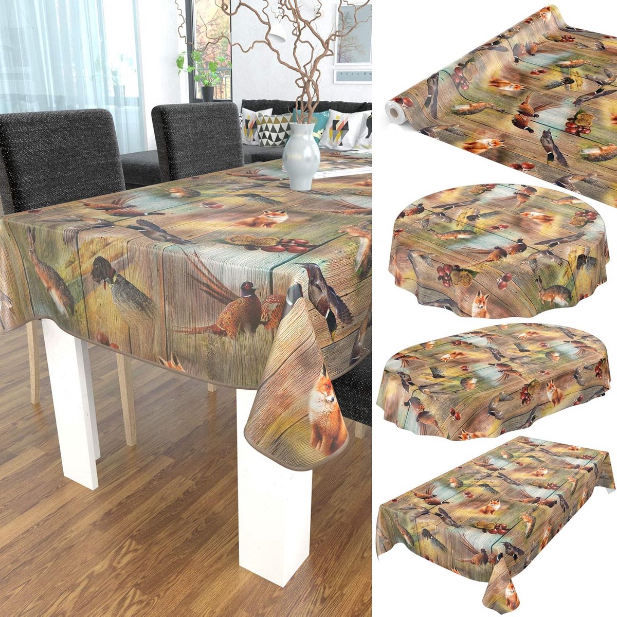 Tafelzeil afwasbaar rond 100 cm houtkleur jachtmotief binnen buiten