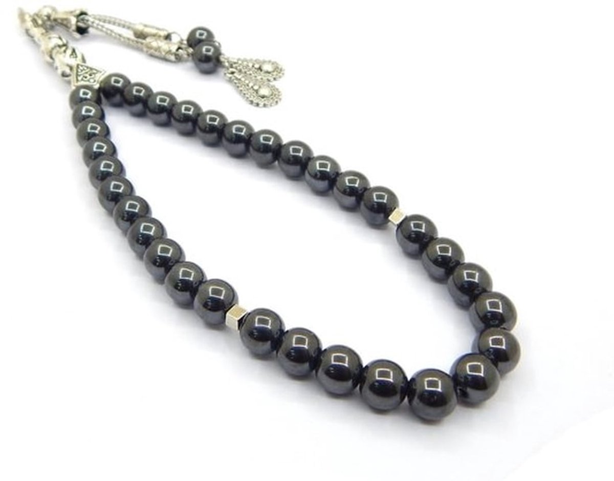 KARZO - Halsketting Tesbih Tespih - Zwarte Hematiet Kralen, 8 mm, 33 Stuks
