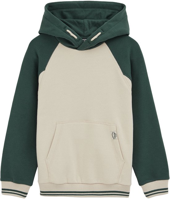 Beige hoodie met groene raglanmouwen, kangoeroezak en gestreepte boorden. Capuchon is groen.