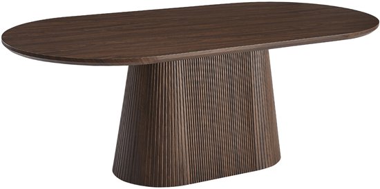 Ovale eettafel van donker walnoothout met een gefelste centrale voet.