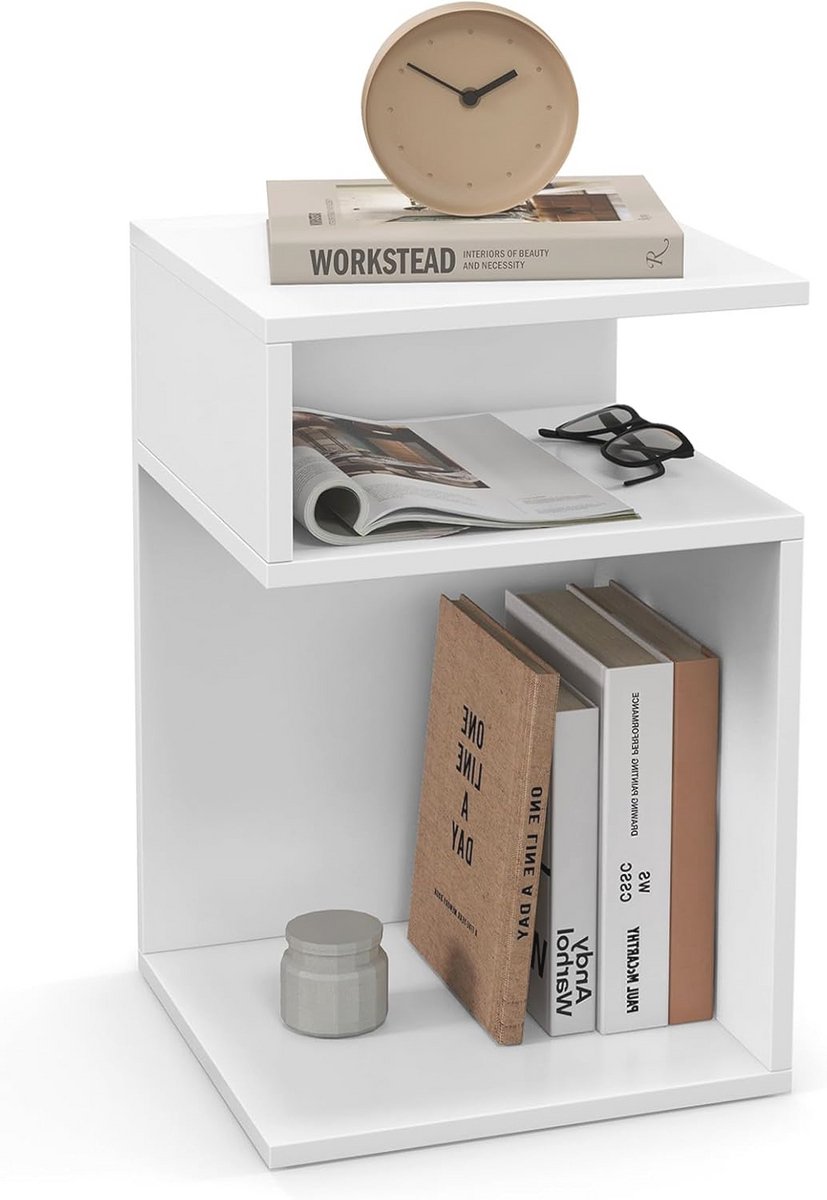 Moderne S-vormige salontafel met opbergruimte - Wit, 3 verdiepingen, 33 x 33 x 50 cm
