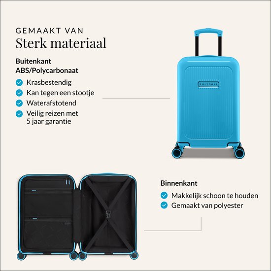 Blauwe koffer met een ritssluiting en elastische banden aan de binnenkant, gemaakt van ABS/Polycarbonaat.