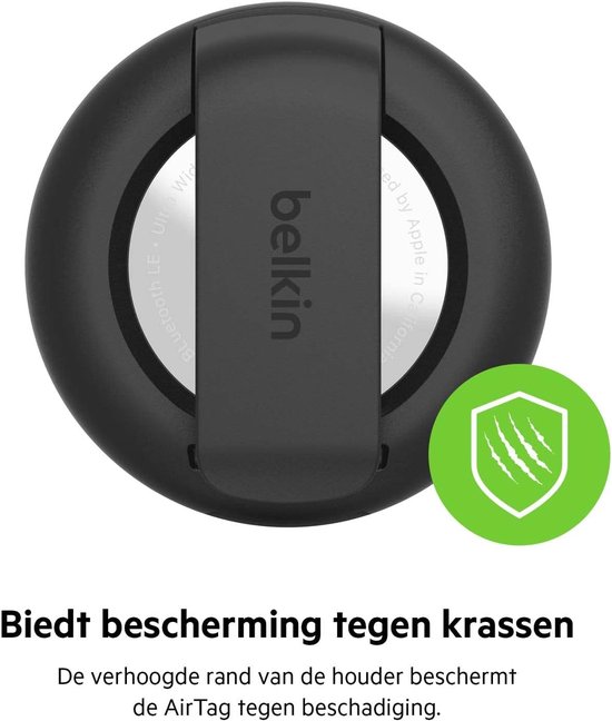 Zwarte Belkin AirTag houder met clip die beschermt tegen krassen