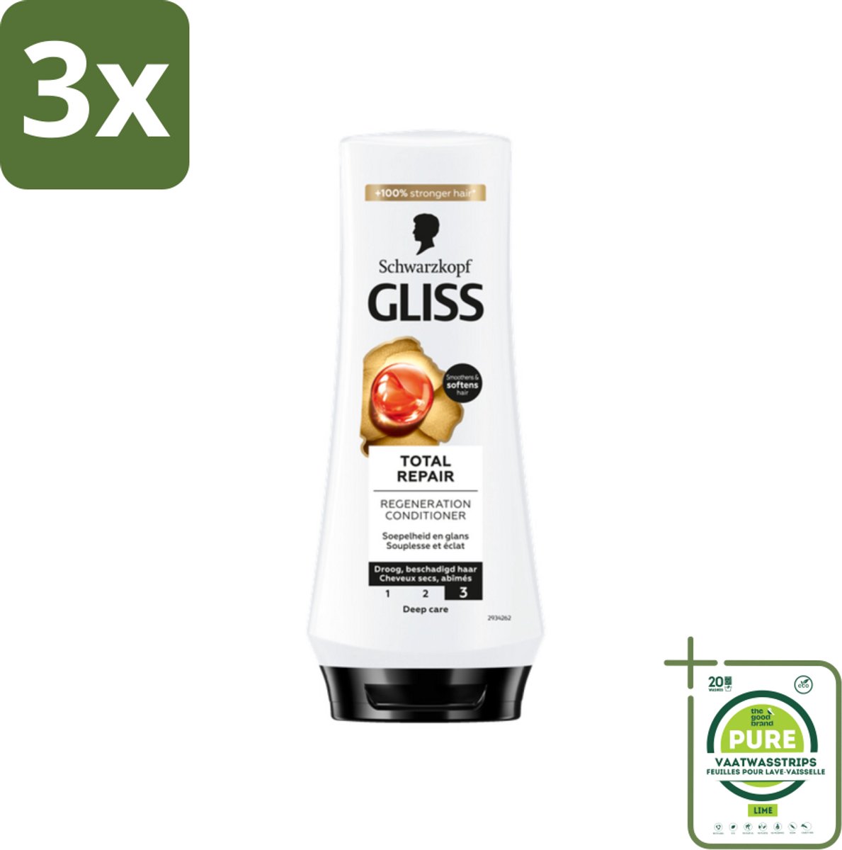 3 x Gliss - Hair Repair - Conditioner voor Totaal Herstel - 200 ml - Grootverpakking - Haar Conditioner - Haar Herstel - Droog Haar - Beschadigd Haar - Keratine Conditioner