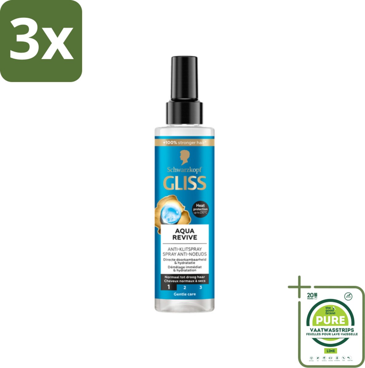 3 x Gliss - Anti-Klit Spray Aqua Revive - Voor Hydraterend en Makkelijk Doorkambaar Haar - 200 ml - Grootverpakking - Glans Spray - Anti-Klit Spray - Hydratatie Haar - Droog Haar - Haar Verzorging