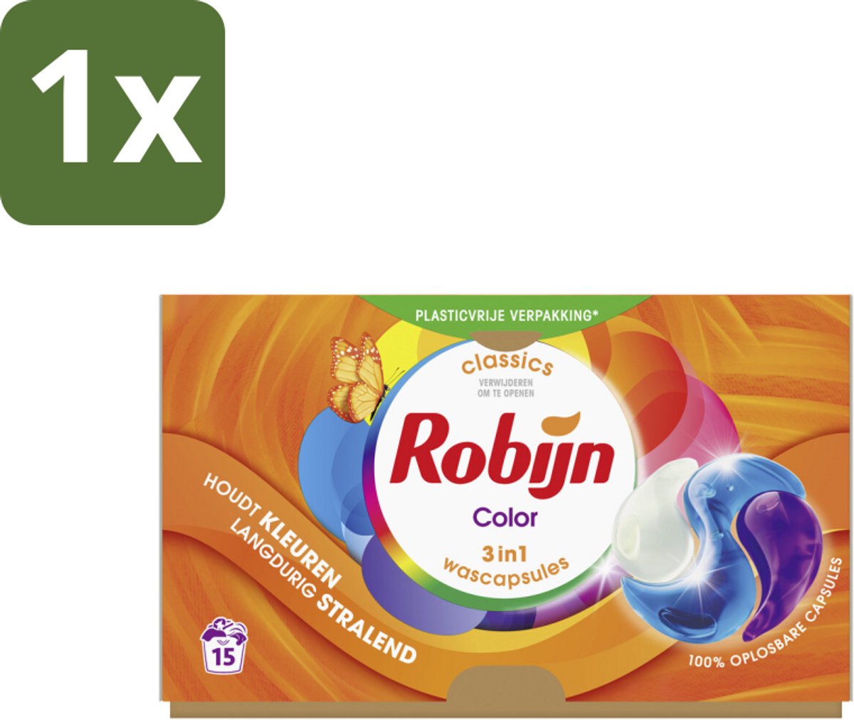 1 x Robijn - 3-in-1 Color - Wascapsules - 15 Wasbeurten - Kleurverzorging - Wascapsules - Gekleurde Was - Frisse Geur - Wasmiddel