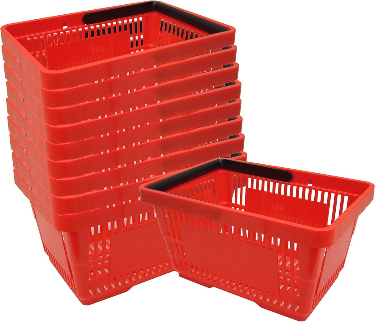 Kunststof winkelmandjes met handvatten - 10 stuks, 20 liter, 40 cm, stapelbaar, rood