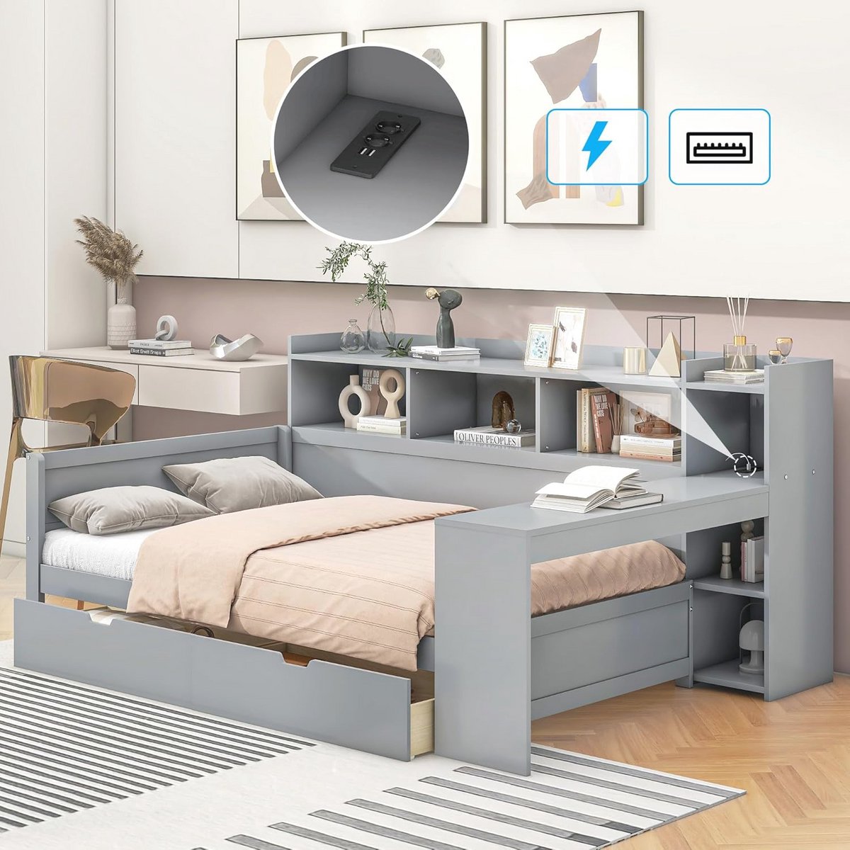 Eenpersoonsbed met Opbergruimte en USB-Aansluiting 90 x 200 cm