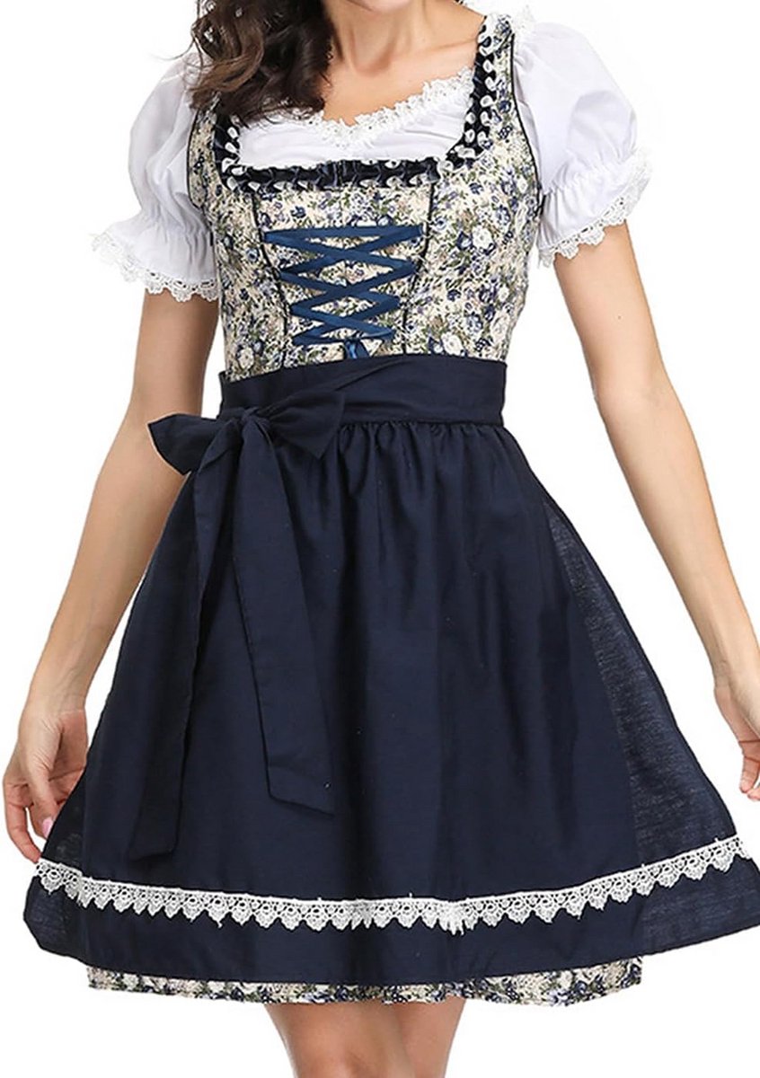 Midi Dirndl Jurk Dames Set 3-delig Oktoberfest Beiers Klederdracht met Schort en Blouse